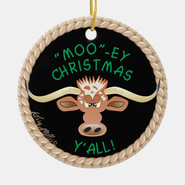Comical Longhorn Steer Ceramic Tree Decoration (Front)