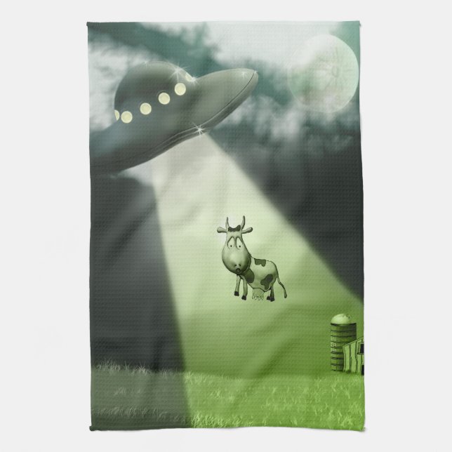 Comical UFO Cow Abduction Kitchen Towels (Vertical)