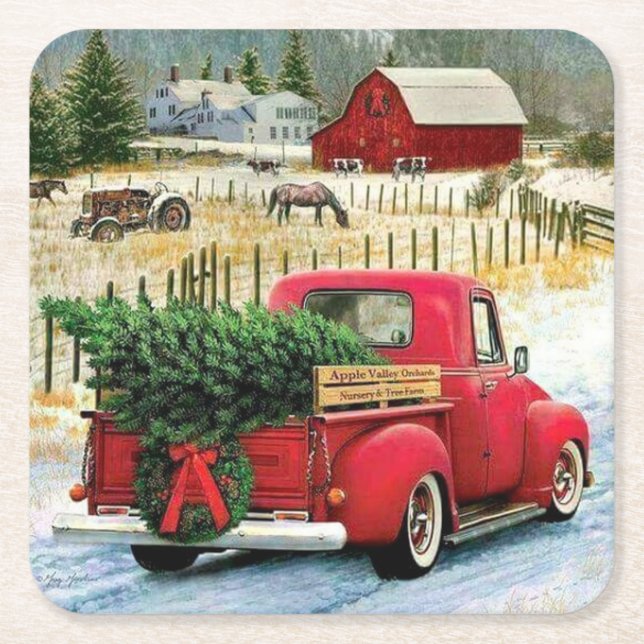 Coming Home with a Christmas Tree Square Paper Coaster (Front)