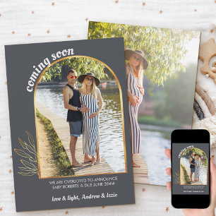 Coming Soon Gold Arch 2 Photo Grey Pregnancy Announcement