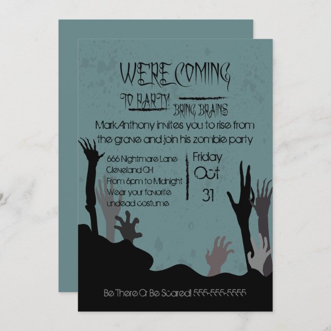 Coming To Party Bring Brains Zombie Invitation (Front/Back)