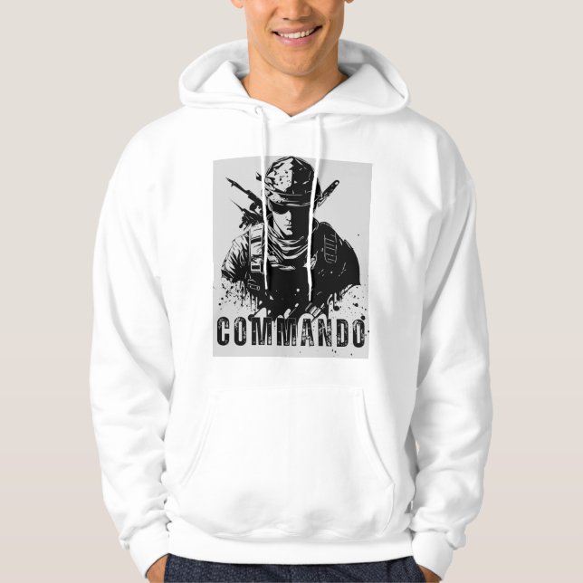 Commando-Style White Hoodie – Bold & Sleek Design (Front)
