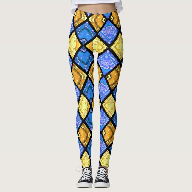 Commedia dell'Arte Harlequin Blue & Gold Leggings (Front)