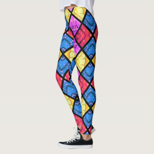 Commedia dell'Arte Harlequin Red Gold Blue Pink Leggings