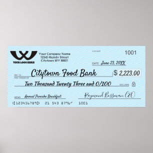 Commemorative 36x16 giant charity bonus faux check poster