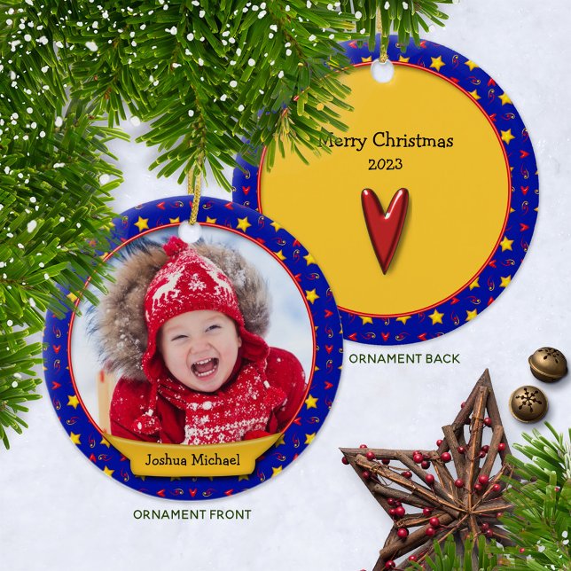 Commemorative Christmas Memories • Hearts & Stars Ceramic Tree Decoration (Whimsical Ceramic Photo Keepsake Ornament with Year )