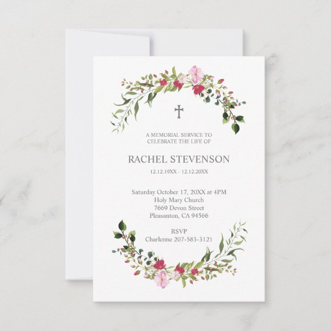 Commemorative In memoriam Floral in Pink & Red Invitation (Front)