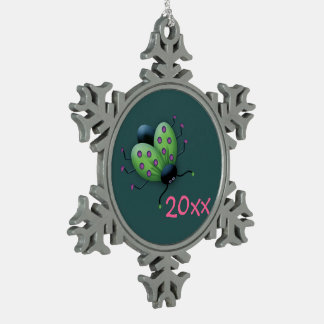 Commemorative Lime Green Ladybug Snowflake Pewter Christmas Ornament