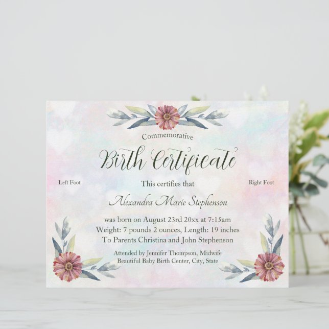 Commemorative New Baby Footprint Birth Certificate (Standing Front)