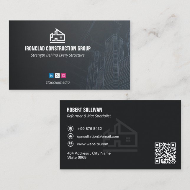 Commercial Building Contractors | Dark Minimalist Business Card (Front/Back)
