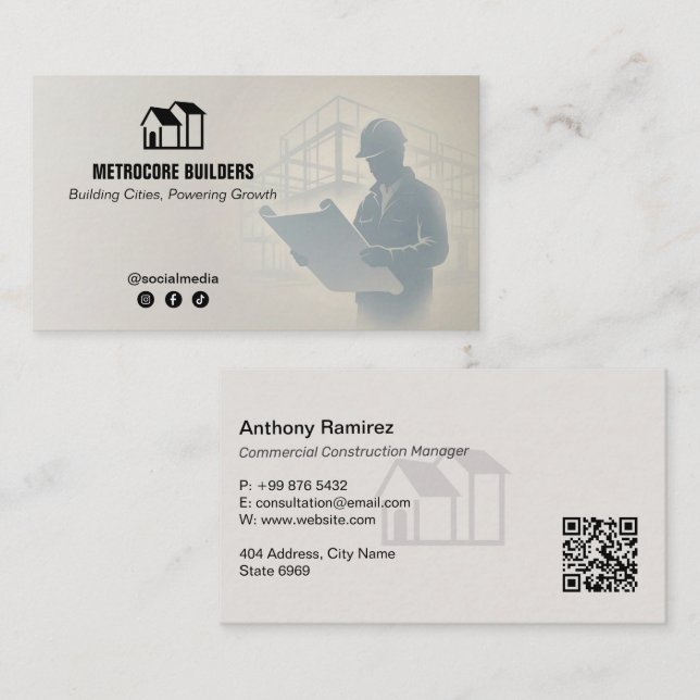 Commercial Building Contractors | Gray Sketch Business Card (Front/Back)