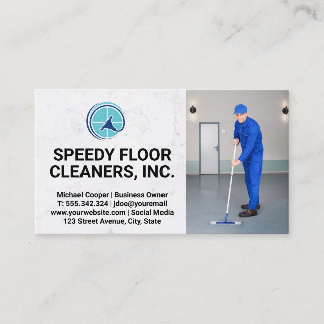 Commercial Cleaner Service | Man Cleaning Floors  Business Card (Front)