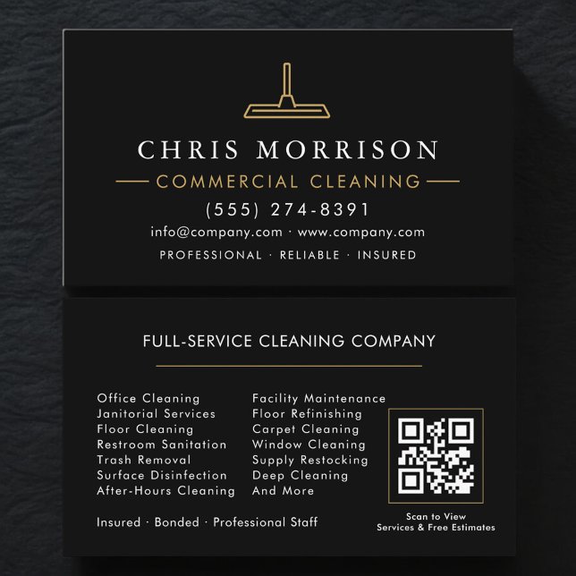 Commercial Cleaning Black Gold QR Code Business Card (Creator Uploaded)