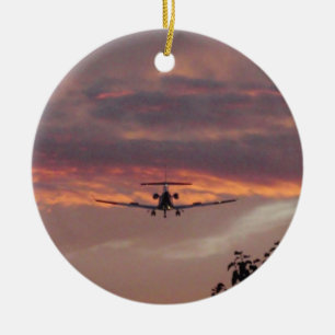 Commercial Jet Landing At Sunset Ceramic Tree Decoration