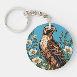 Common buzzard Bird Amid Blooming Flowers Key Ring