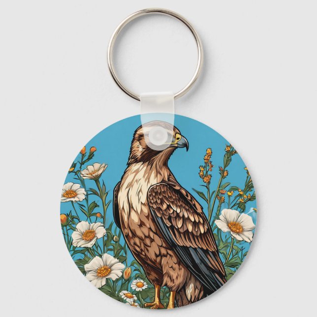 Common buzzard Bird Amid Blooming Flowers Key Ring (Front)