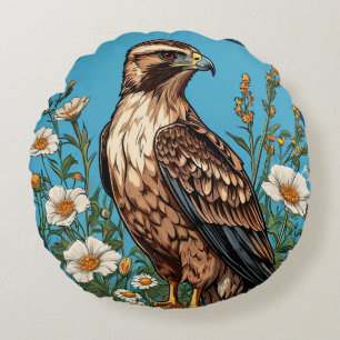 Common buzzard Bird Amid Blooming Flowers Round Cushion