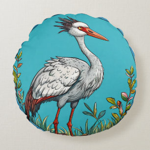 Common crane Bird Amid Blooming Flowers Round Cushion