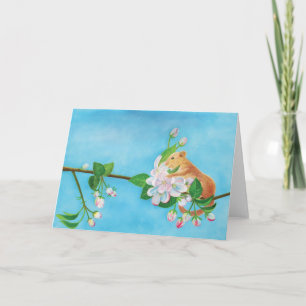 Common Dormouse on blooming branch of apple tree Card