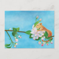 Common Dormouse on blooming branch of apple tree 