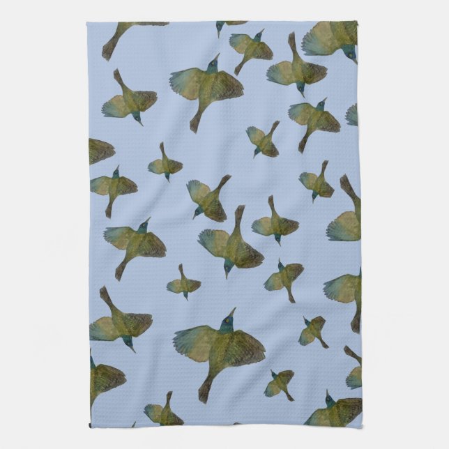 Common Grackle Green Blue Bird Flock Kitchen Towel (Vertical)