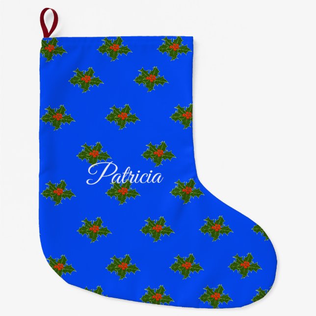Common Holly Design on Blue   Large Christmas Stocking (Front)