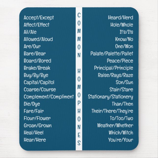 Common Homophones English Spelling Reference Guide Mouse Mat (Front)