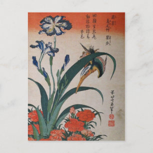 Common Kingfisher, Iris Japonica and Dianthus Postcard