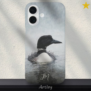 Common Loon Bird Painting Initials Custom Name iPhone 16 Case