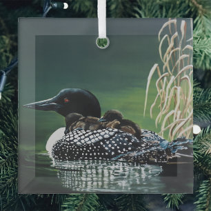 Common Loon Family Lake Wildlife Nature Green Glass Tree Decoration