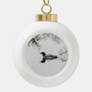 Common Loon Swims in a Northern Lake in Winter Ceramic Ball Christmas Ornament