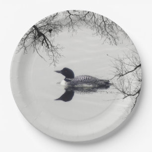 Common Loon Swims in a Northern Lake in Winter Paper Plate