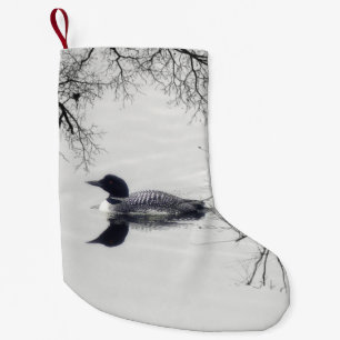 Common Loon Swims in a Northern Lake in Winter Small Christmas Stocking