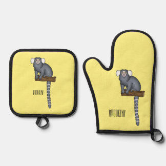 Common marmoset cartoon illustration oven mitt & pot holder set