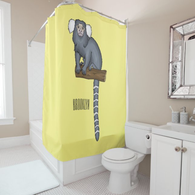 Common marmoset cartoon illustration shower curtain (In Situ)