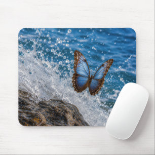 Common Morpho Butterfly Hovering Over Ocean Wave Mouse Mat
