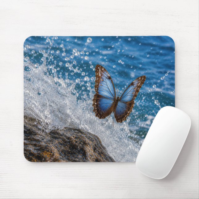 Common Morpho Butterfly Hovering Over Ocean Wave Mouse Mat (With Mouse)