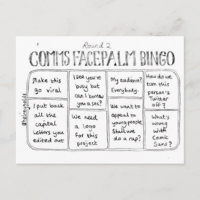 Comms Facepalm Bingo Round 2 Postcard (Front)