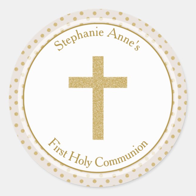 Communion Beige with Gold Polka Dots Classic Round Sticker (Front)