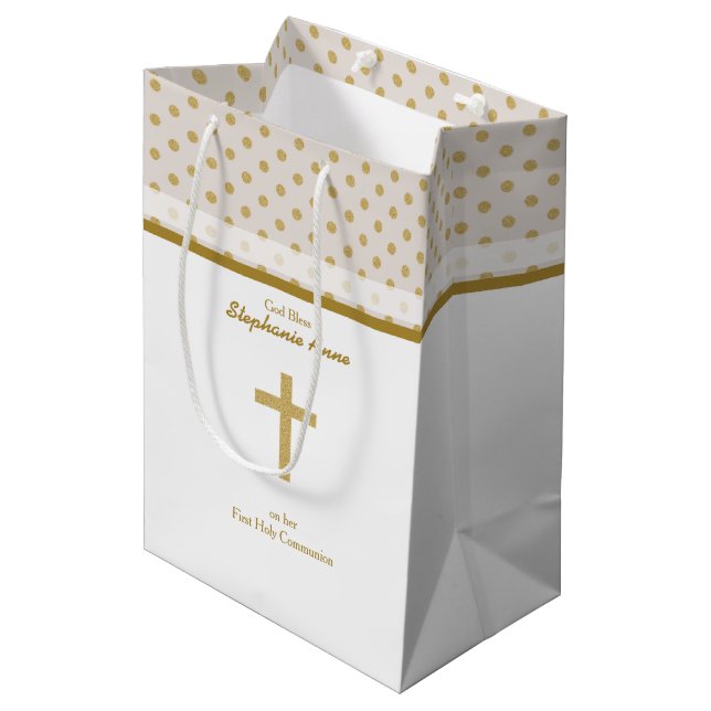 Communion Beige with Gold Polka Dots Medium Gift Bag (Front Angled)