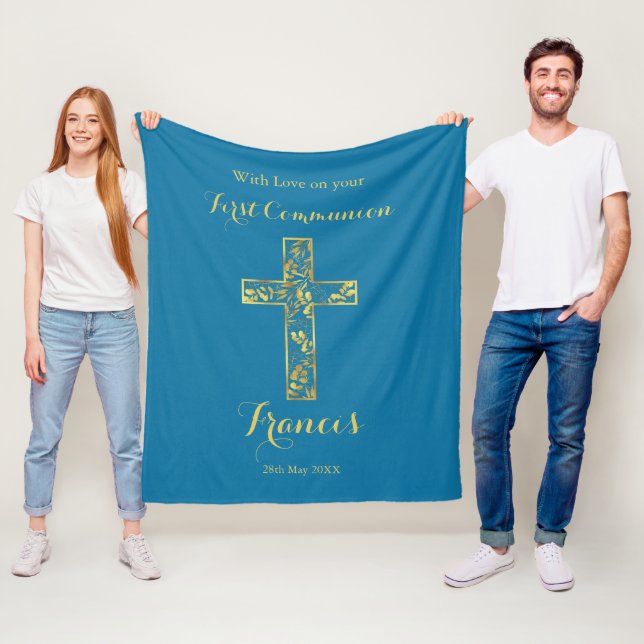 Communion blue gold cross boys fleece blanket (In Situ)
