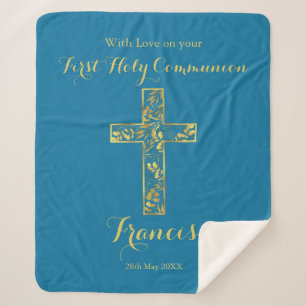 Communion blue gold cross boys  sherpa blanket