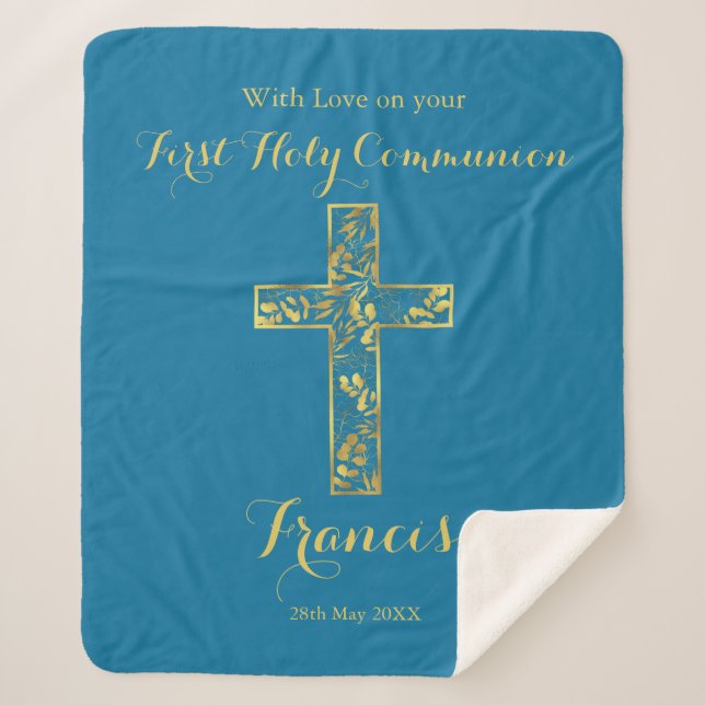 Communion blue gold cross boys  sherpa blanket (Front)