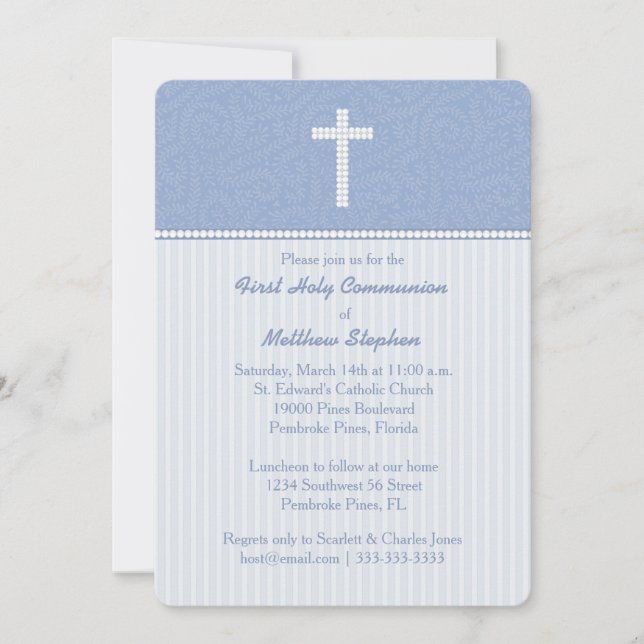 Communion Blue Vines and Stripes Invitation (Front)