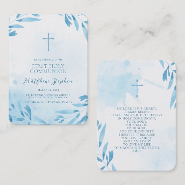 Communion Blue Watercolor Leaves and Cross Business Card (Front/Back)