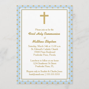 Communion Blue with Gold Polka Dots Invitation