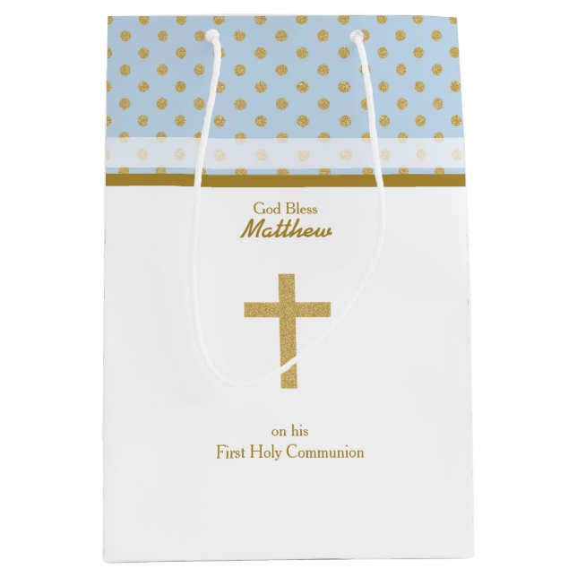 Communion Blue with Gold Polka Dots Medium Gift Bag (Front)