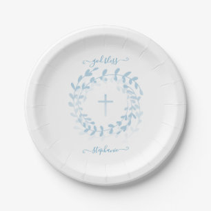 Communion Blue Wreath and Cross Paper Plate