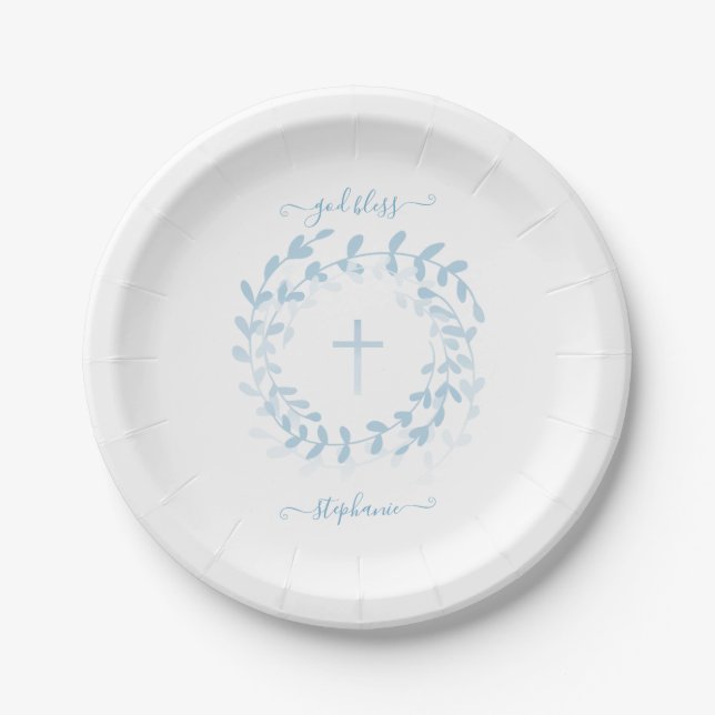 Communion Blue Wreath and Cross Paper Plate (Front)