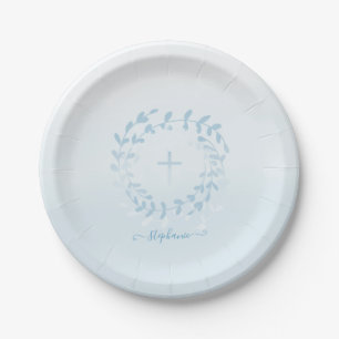 Communion Blue Wreath and Cross Paper Plate